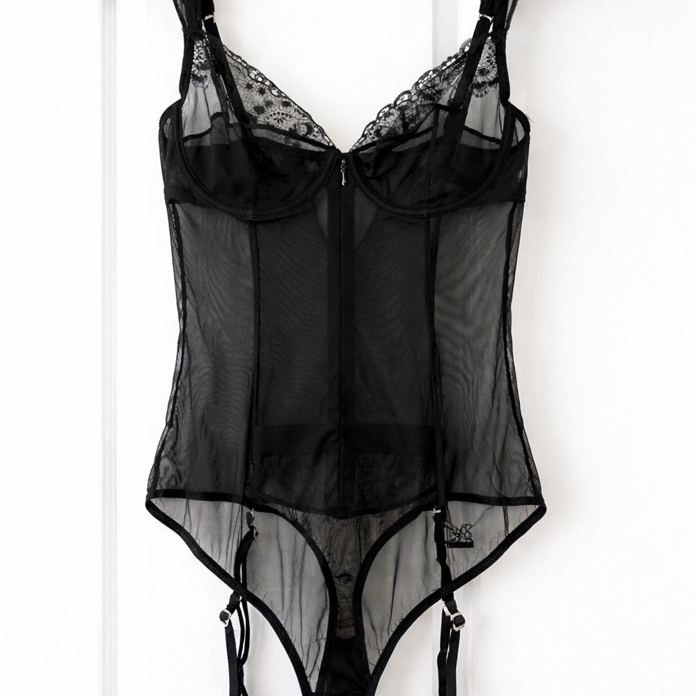 Victoria’s Secret Black Lace Mesh Garter Bodysuit 36C